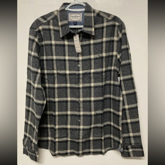 New Flag & Anthem Mens Flannel Plaid Shirt Button Up Medium Grey Black Cream NWT - Picture 1 of 12